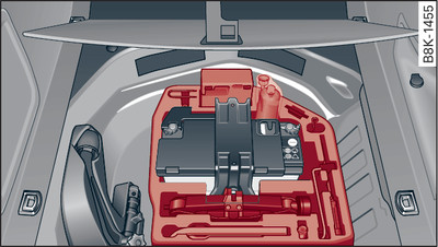 Bagageira: Ferramentas de bordo, macaco*, kit de reparação de pneus e compressor